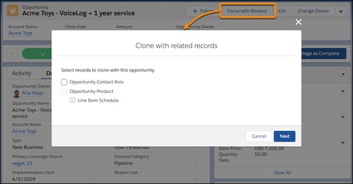 The Clone with Related action on an opportunity, and the dialog where you can choose to include products and contact roles in the new opportunity